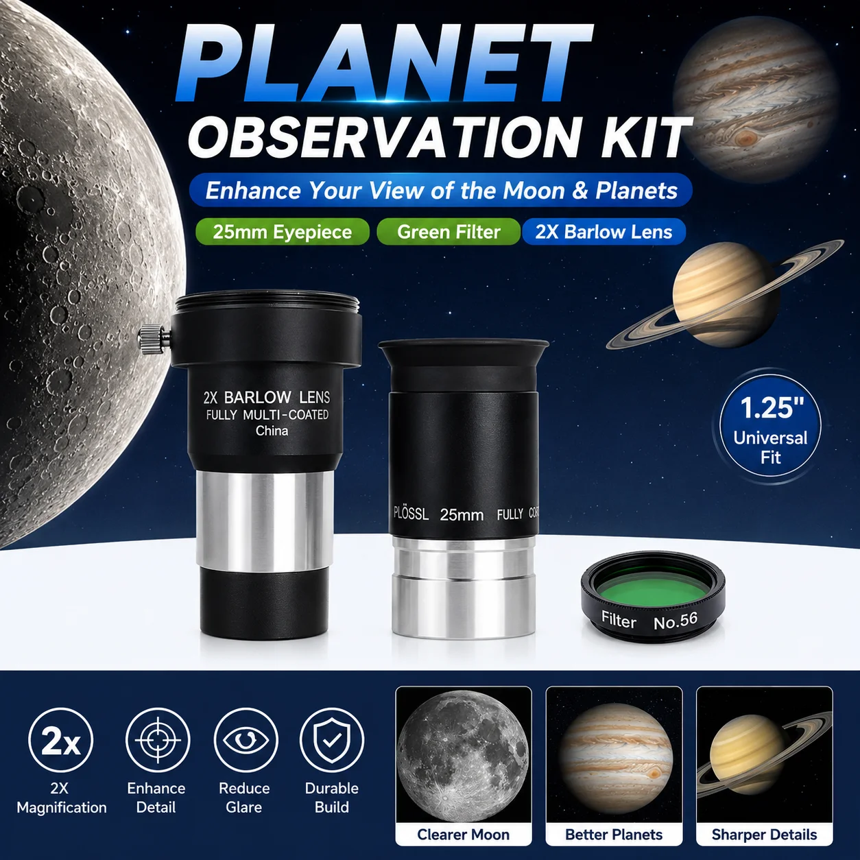 Kit d'accessoires pour télescope 1,25 pouces, oculaire Plössl 25 mm, lentille de Barlow 2X, filtre vert n° 56 pour l'observation lunaire et planétaire