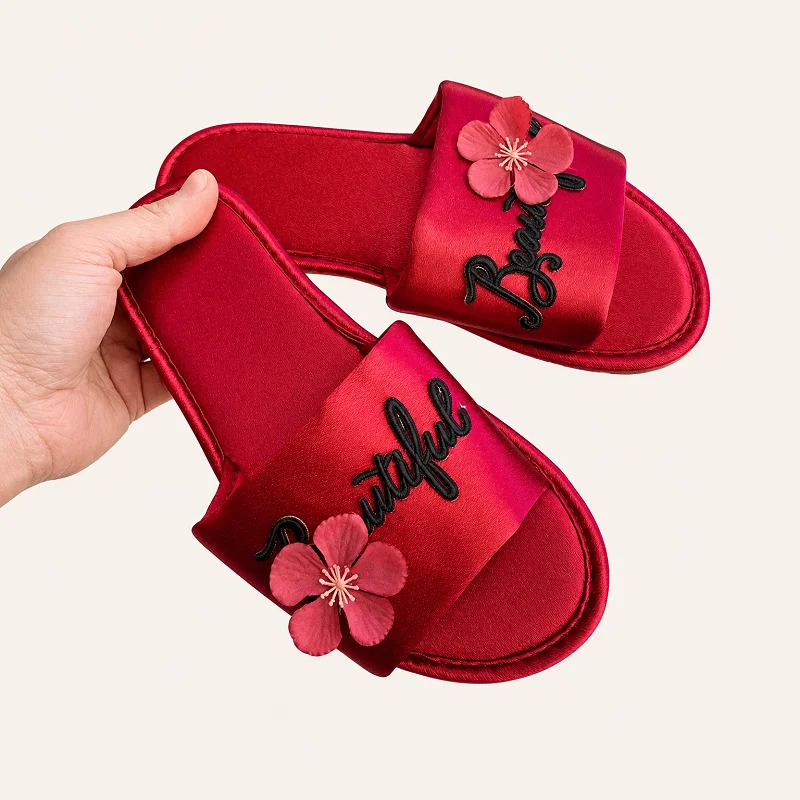 Women's Soft Satin Wedding Slippers with Flower Embroidery, Anti-Slip Indoor Sandals Bridesmaid Party Mules & Gift Home Slides