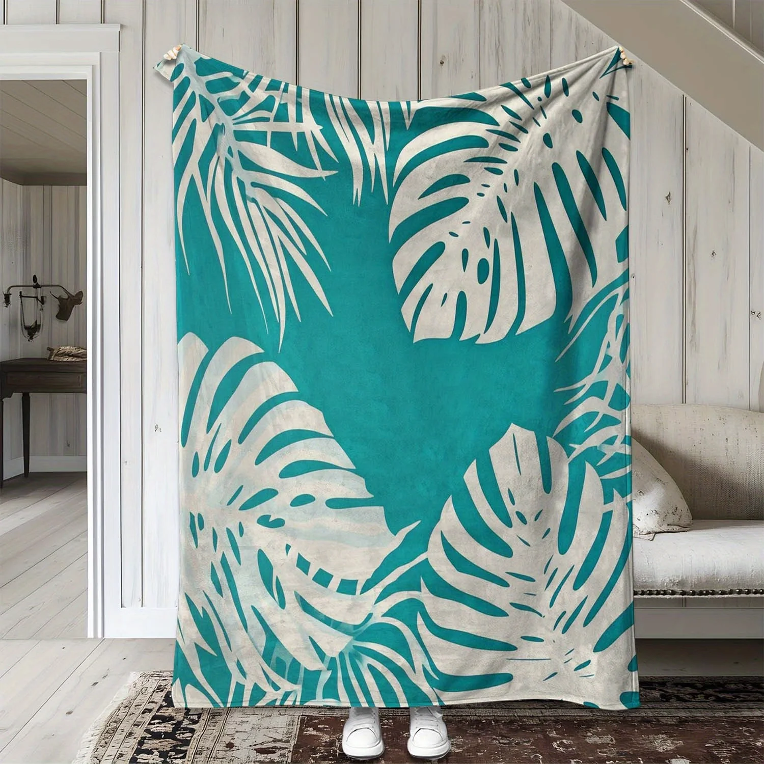 

Tropical Leaf Print Flannel Blanket – Soft, Cozy, All-Season Throw for Sofa, Bed, Car, Office, Camping & Travel