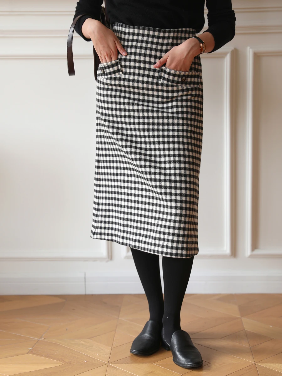 

High Waist Straight Tube Skirt Retro Commute Workwear Women's Midi Skirt Bla White Plaid New Arrival Autumn Winter