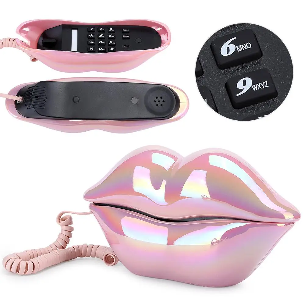 Funny Lip Shape Wired Landline Phone with Electroplating and Number Storage Feature