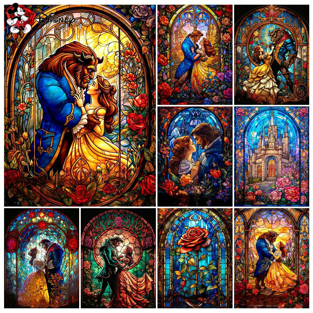 Disney 5D Diamond Painting Cartoon Beauty And The Beast Full Round Diamond Mosaic Portrait Rose Home Decor Gift