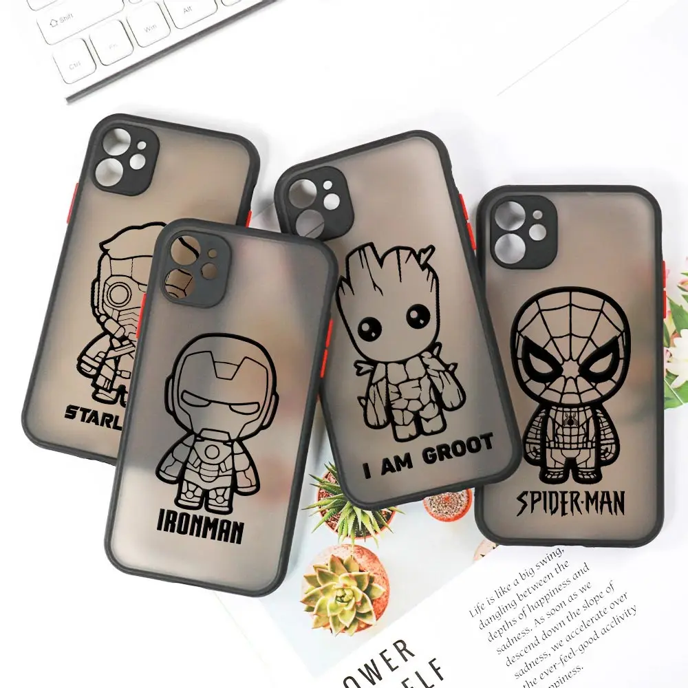 Cute Marvel Line Art Matte Case For iPhone 14 13 Pro Max 12 11 Pro SE 2020 X XS XR 7 8 Plus Funda Clear Back Cover Ironman Groot