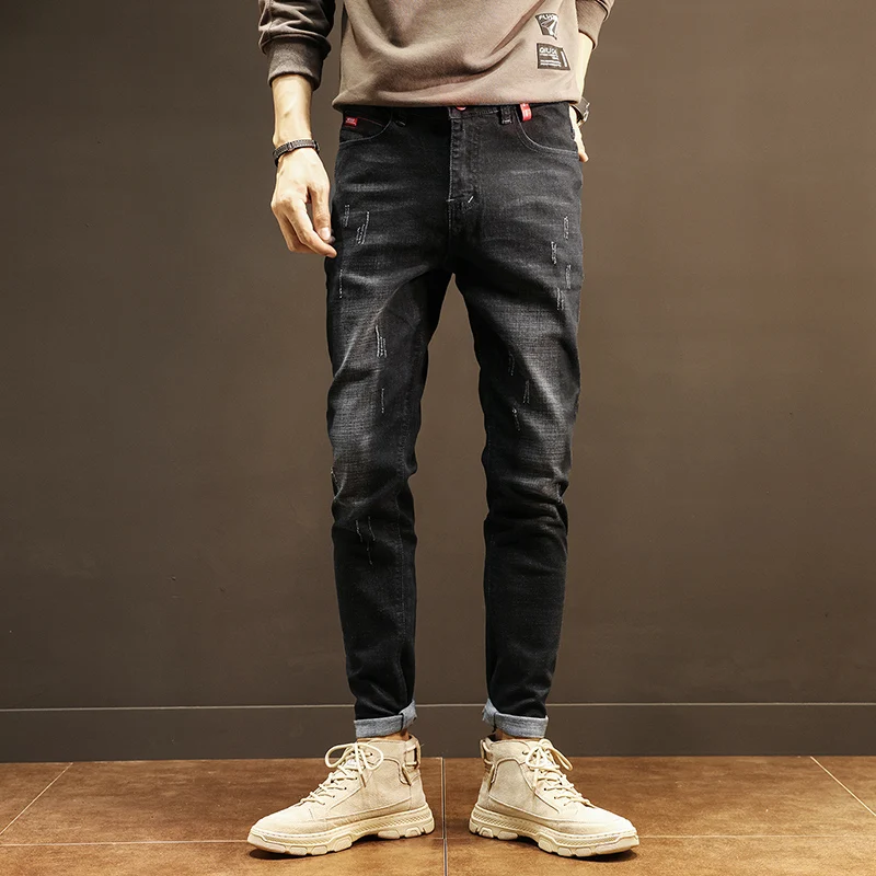 

Комфортные джинсовые брюки с гибкой талией, винтажные брюки унисекс, повседневные весенне-осенние мужские облегающие эластичные новые модные прямые джинсы скинни