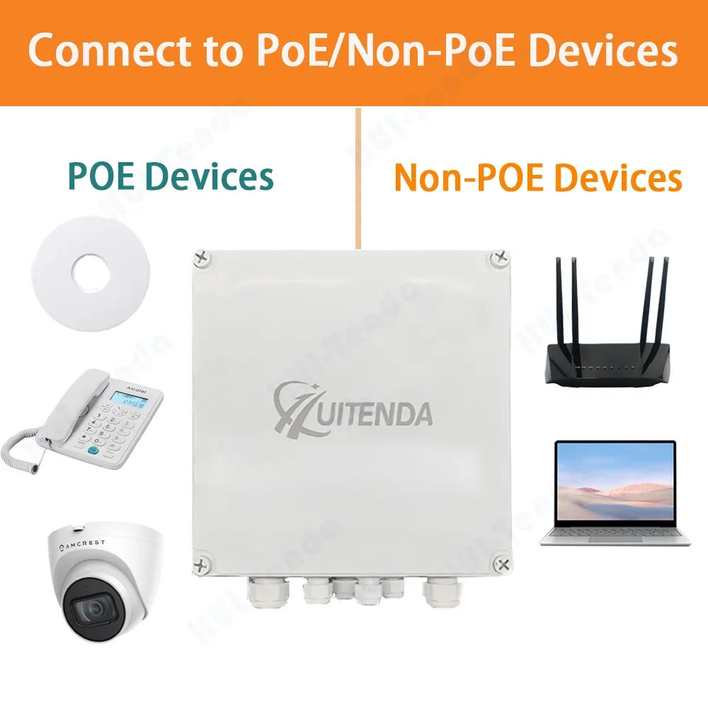 Huitenda POE Switch 4/8Ports IP65 Waterproof Outdoor 100/1000Mbps PoE Network Switch 65W/96W Power for IP Cameras Wireless AP