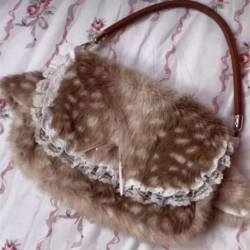 

JIAERDI Sweet Cute Fawn Spot Plush Handbag Women Lace Edge Bow Soft Underarm Bag Ladies Retro Versatile Winter New Arrival 2025