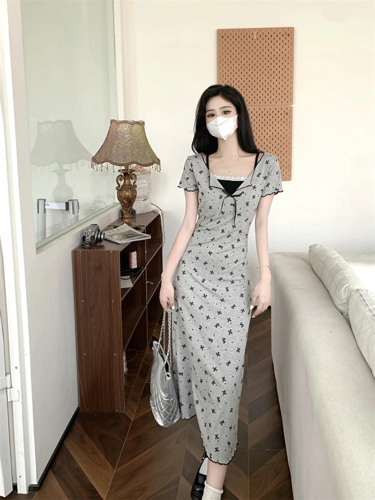 Kleider Kurzarm Damen Nacht 2025, Frau, Frühling, Satin, Fliege, geraffte Taille, Rüschen, A-Linie, normale Passform, romantisches Picknick, süß