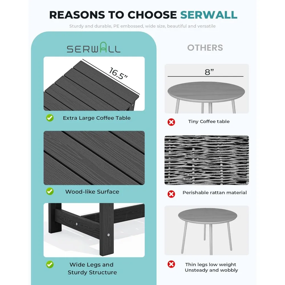 Conjunto de mesa de centro externa retangular HDPE, preto, conjunto de 2