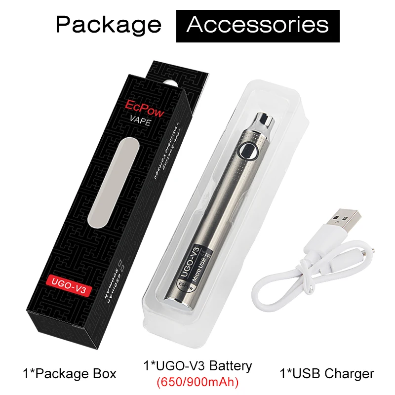 MOQ 1Pcs 100% Quality UGO Cigarettes Batteries UGO-V3 650mAh 900mAh 510 Thread Vape Pen Variable Voltage ego C Twist Vapes Cartr
