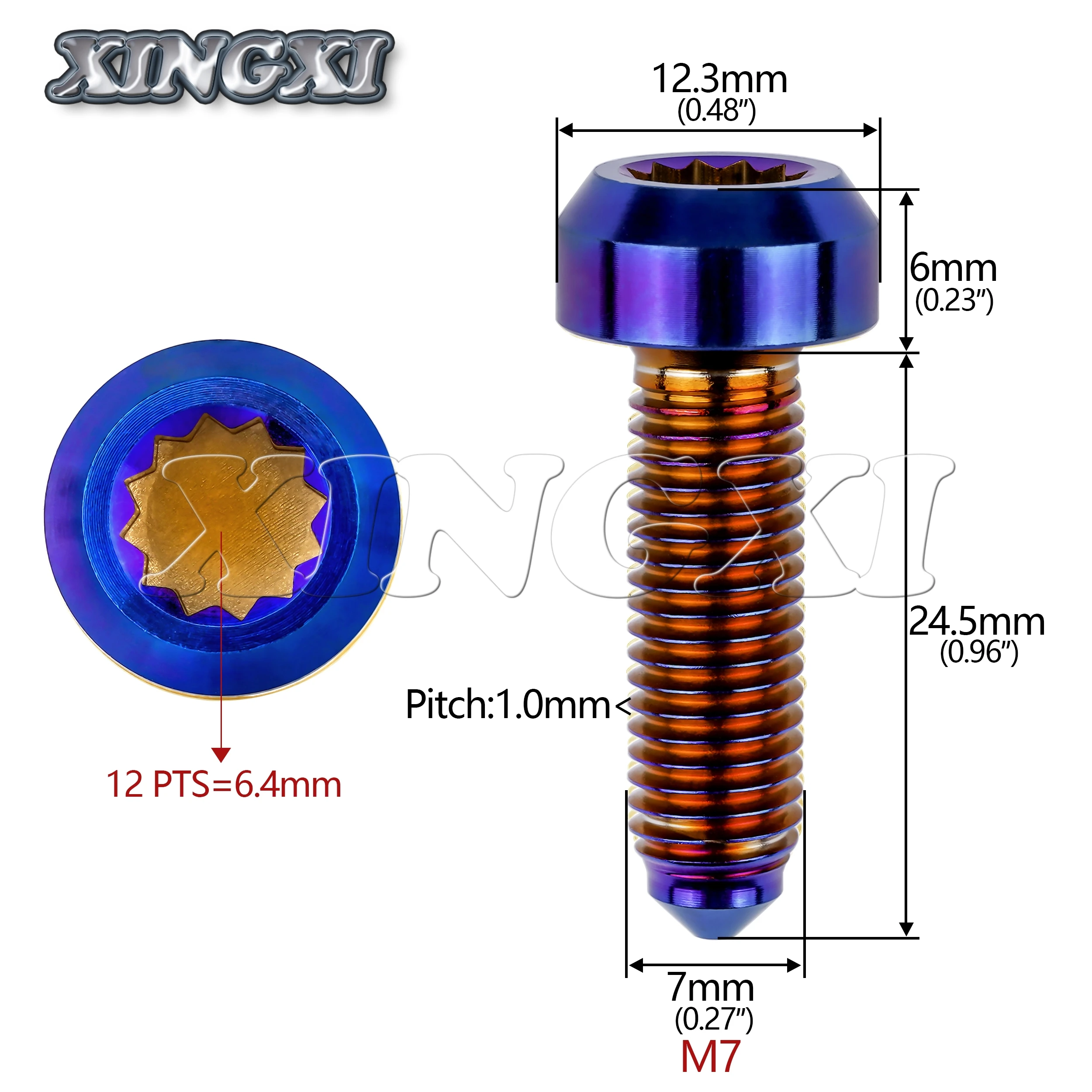 Xingxi Titanium Bolt M7x24.5mm Pitch 1.0mm Screws 12 point 6.4mm spline Torx forged head for Motorcycle Car split rim