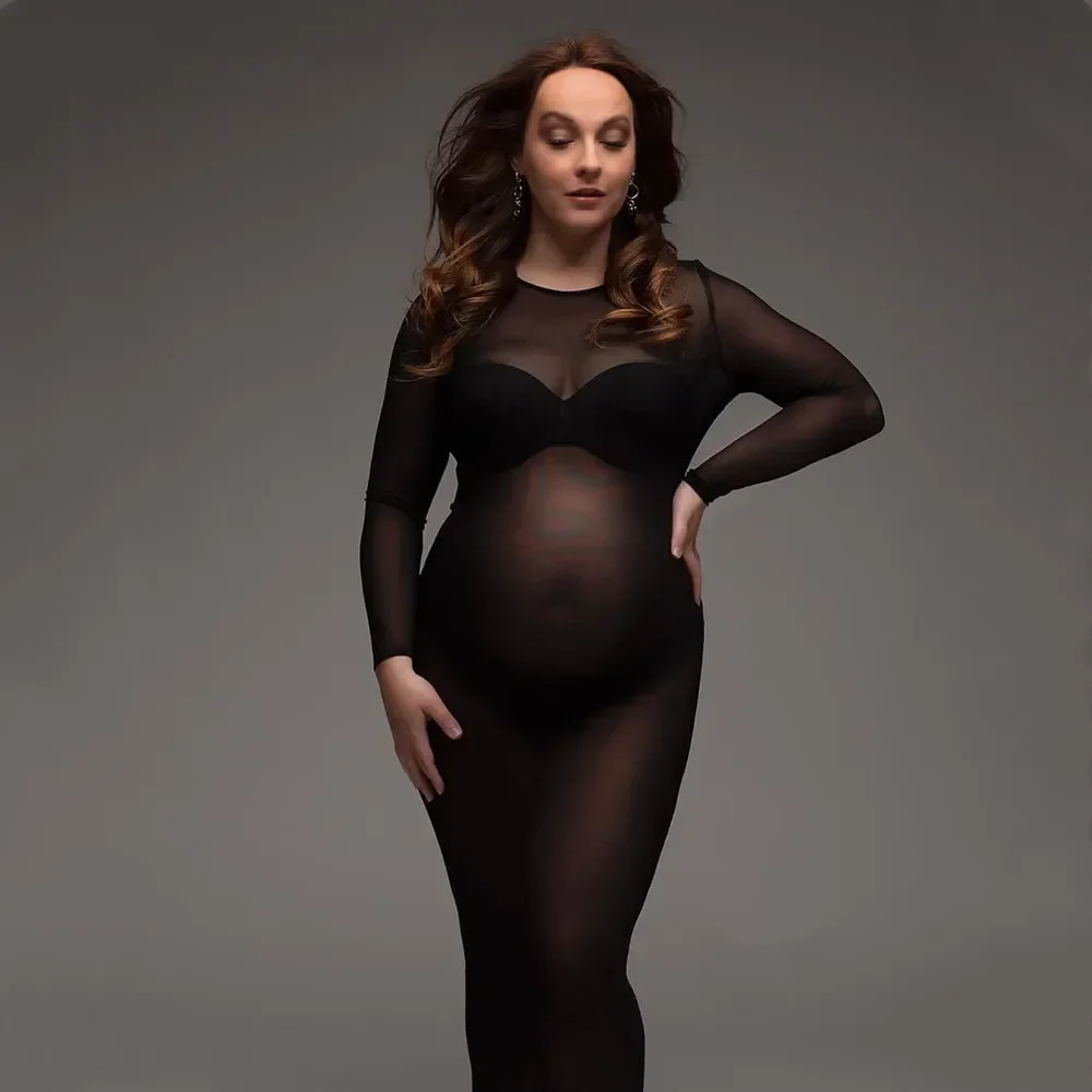 

High Elastic Mesh Sexy Transparent Black Long Sleeve Nightclub Bodycon Dress Maternity Photography Props Dresses