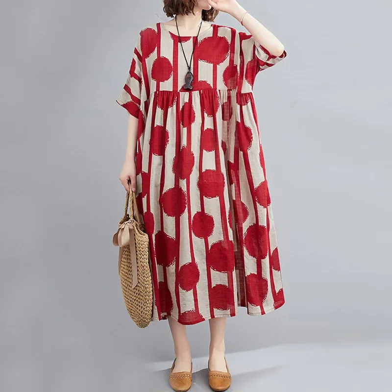 

2024 Summer New Casual Wave Point Print Loose Dresses for Women Korean All Match O-neck Short Sleeve Pockets Dress