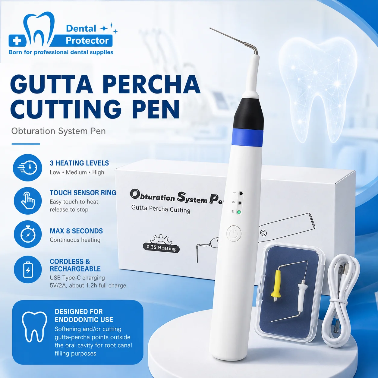 Dental Gutta Percha Cutter ePack Endodontic Obturation System Pen 3 Heating Levels Type-C Rechargeable Root Canal Filling Tool