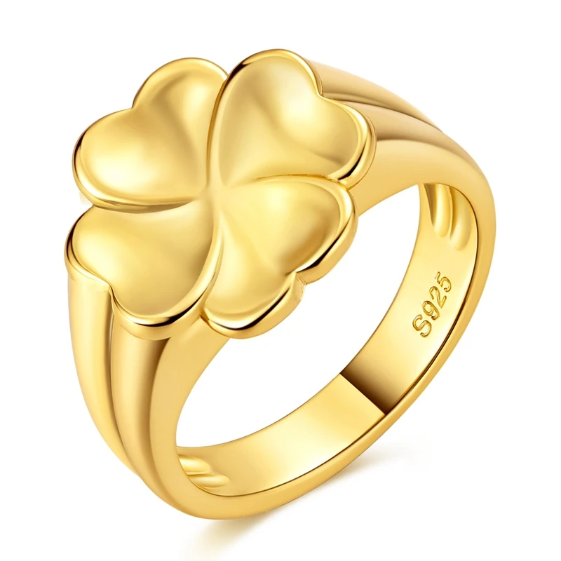 Original 925 Sterling Silver Sparkling Gold Four-Leaf Clover Stamp Rings For Women Girls Jewelry Birthday Anniversary Gifts