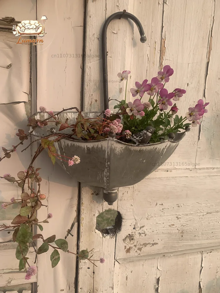 Vintage Gray Handcrafted Wall Hanging Pot Flower Holder,Umbrella Design, Bird Adorned
