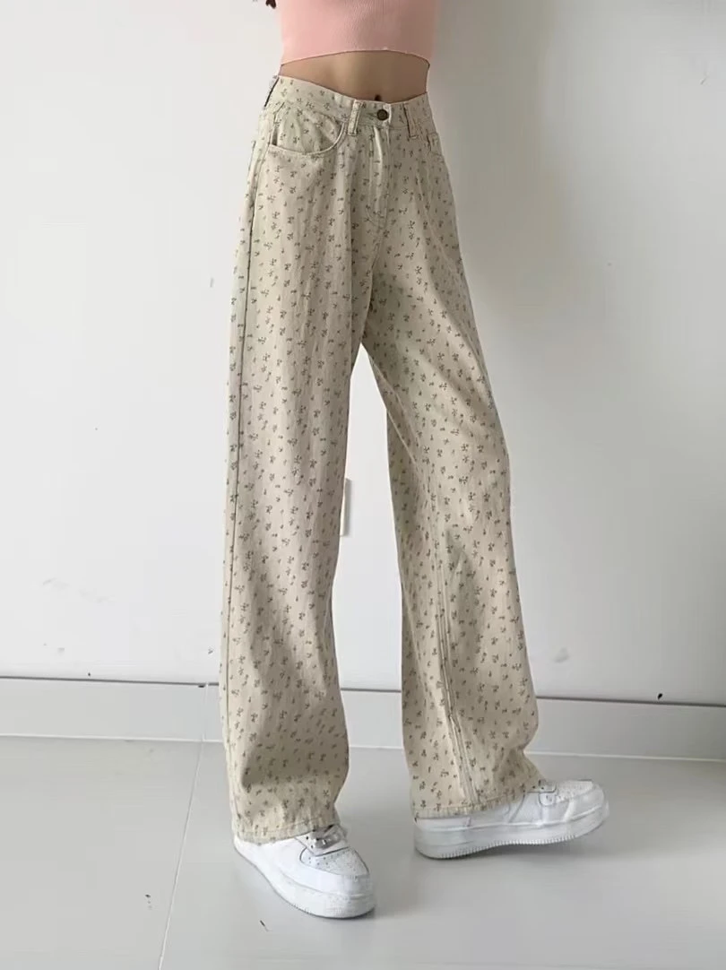 

Spring New Faion High Waist Floral Wide Leg Jeans Women's Casual Loose Fit Long Trousers Sli Versatile Slimming Effect