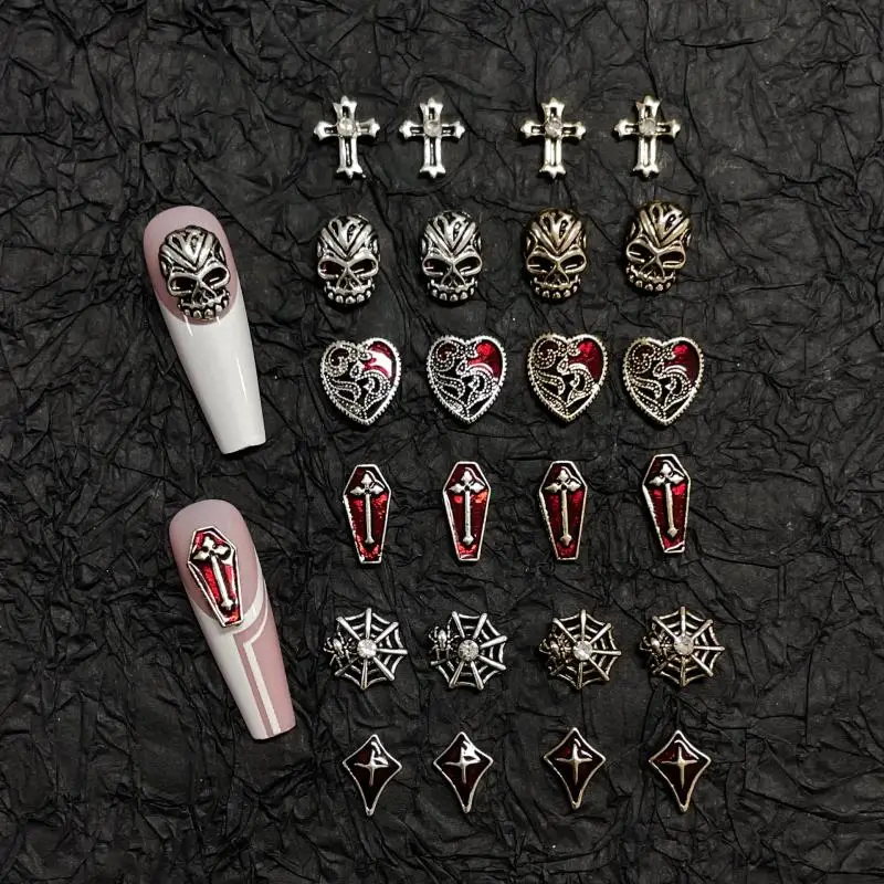 10PCS Halloween Series Alloy Cross Skeleton Nail Charms Retro Gold Silver Spider Web Tombstone Dark Wind Nail Art Decoration DIY