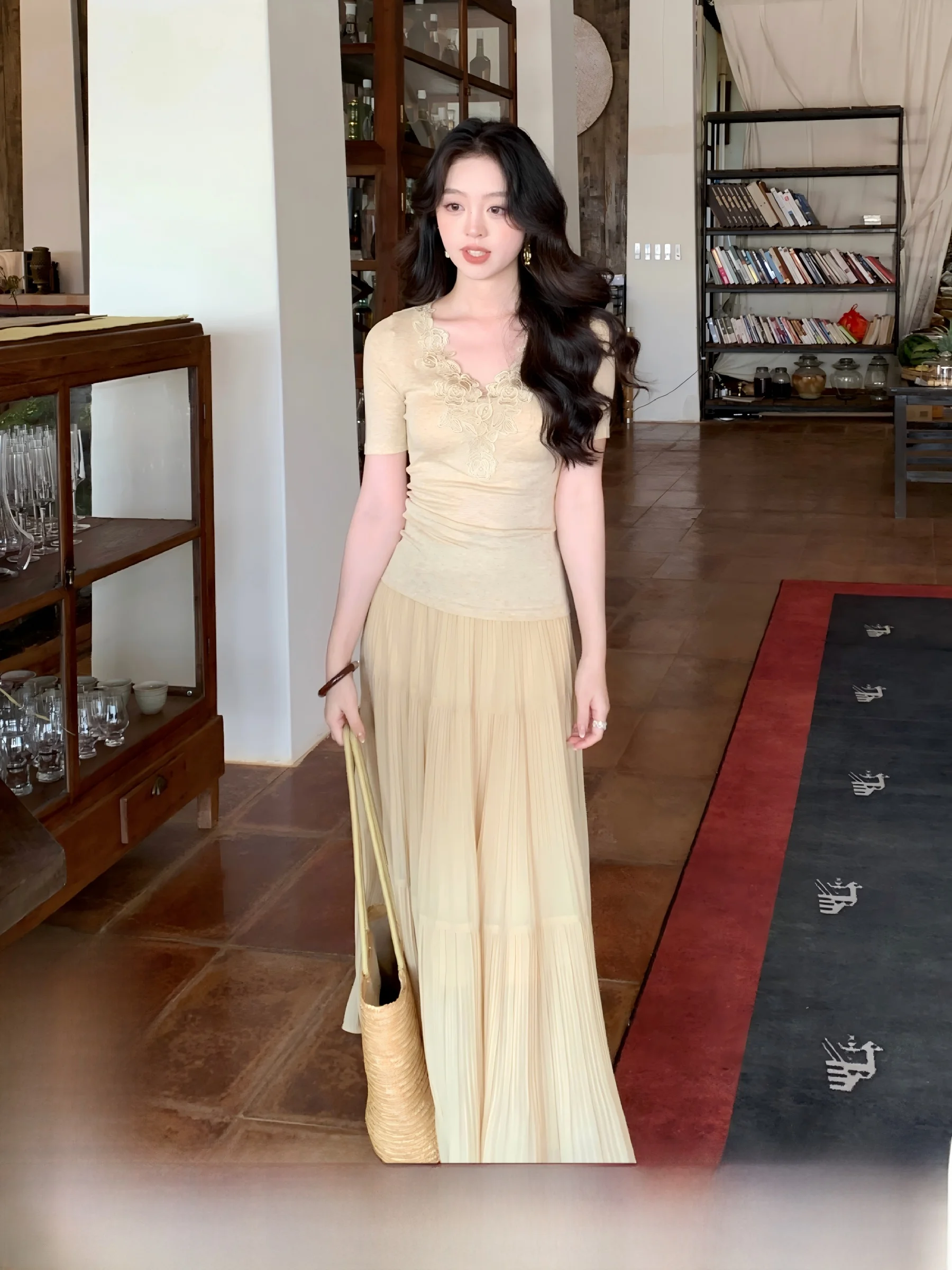 

Юбка макси Lainymorning SYT Heavy Emed Pure Color Casual с высокой талией для женщин, плиссированная, однотонная, в пол