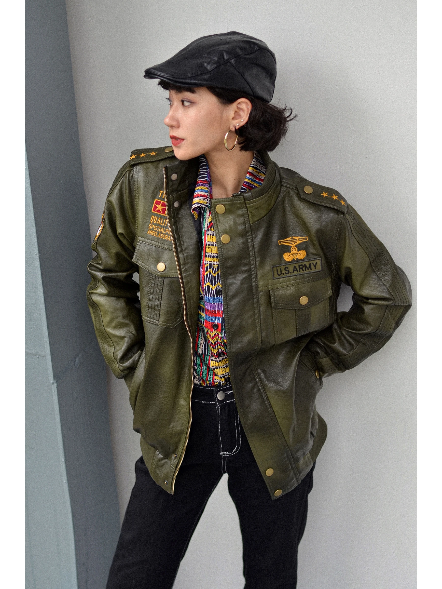 

Sli Ретро Гонконг Sle Байкерская куртка с вышивкой для пар Магазин Amei Женское пальто из искусственной кожи Street Faion Long Sve