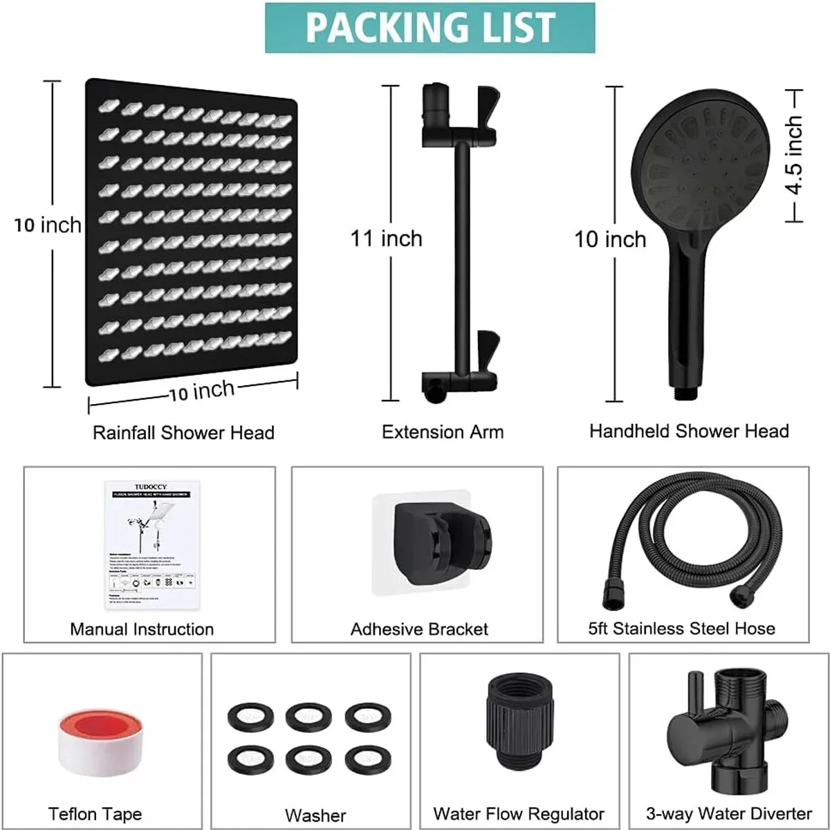10 Inch High Pressure Rainfall Shower Head/Handheld Combo with 11 Inch Extension Arm, 5 Settings Adjustable Anti-leak With