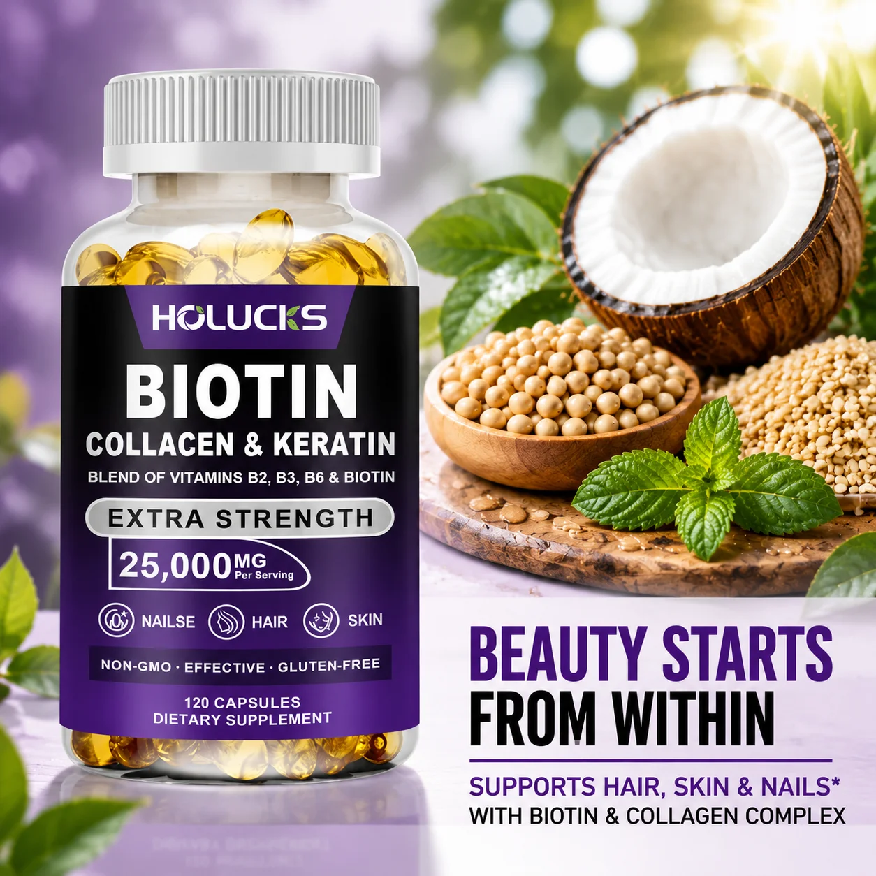 Yimiduk All-in-One Biotin Collagen & Keratin Supplement, with Calcium, for Promotes Fast Hair Growth & Youthful Skin, Metabolism