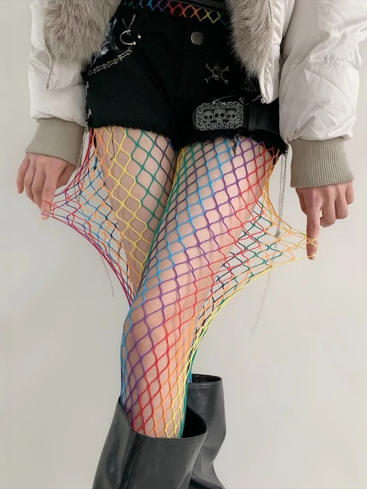 

Панк-колготки в сеточку Y2K: Сексуальные, крупноячеистые, разноцветные, в стиле готик-лолита, для девушек, длинные носки JK