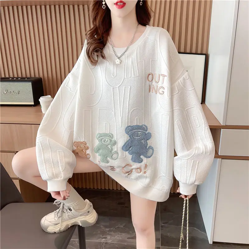 Women Korean Funny Cute Cartoon Bear Embroidery Streetwear Oversized Sweatshirts Y2K Female Trendy Casual Long Sleeve Tops Ropa