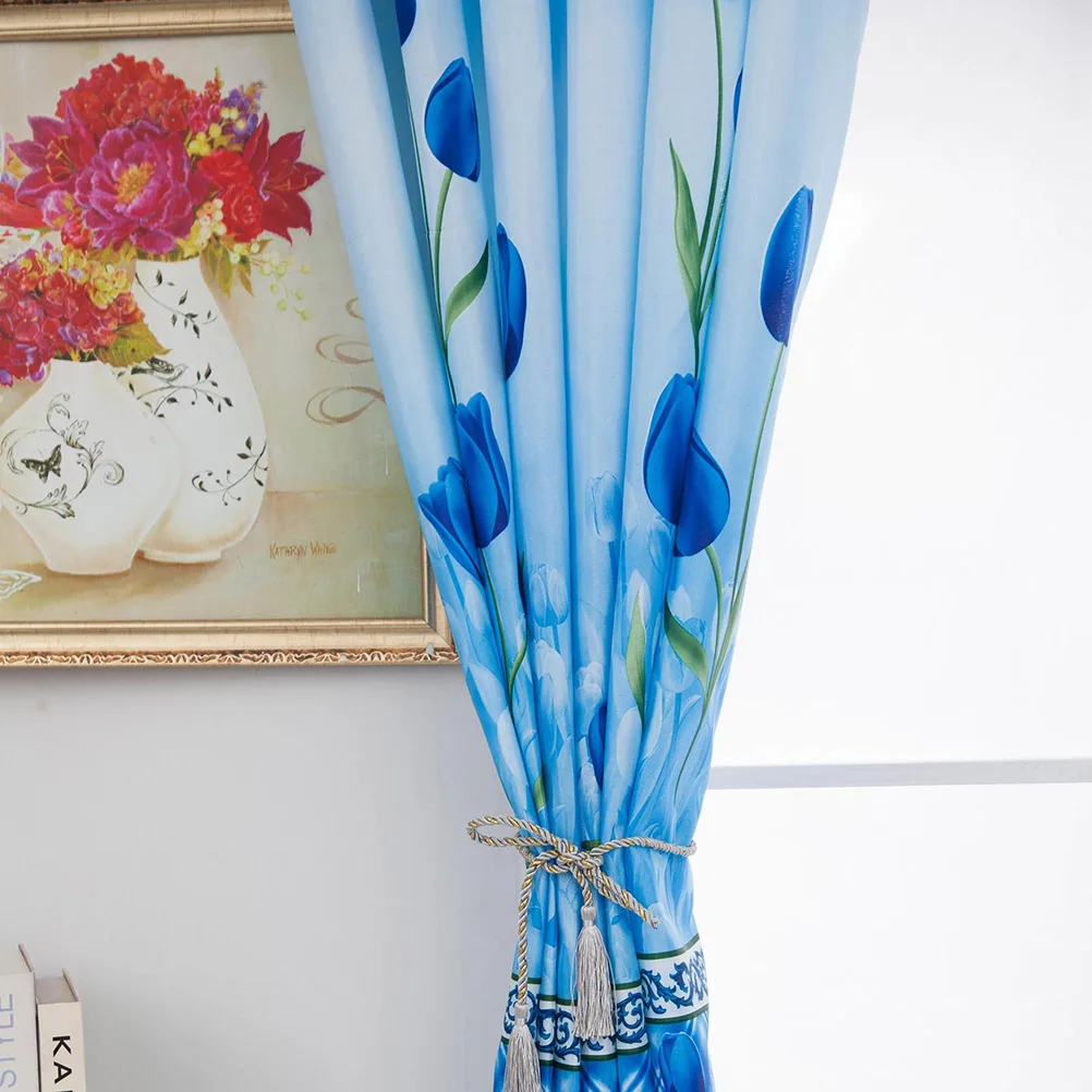 

Window Curtain Jacquard Tulip Curtains Semi-Blackout Flowers Printing Grommet Blue