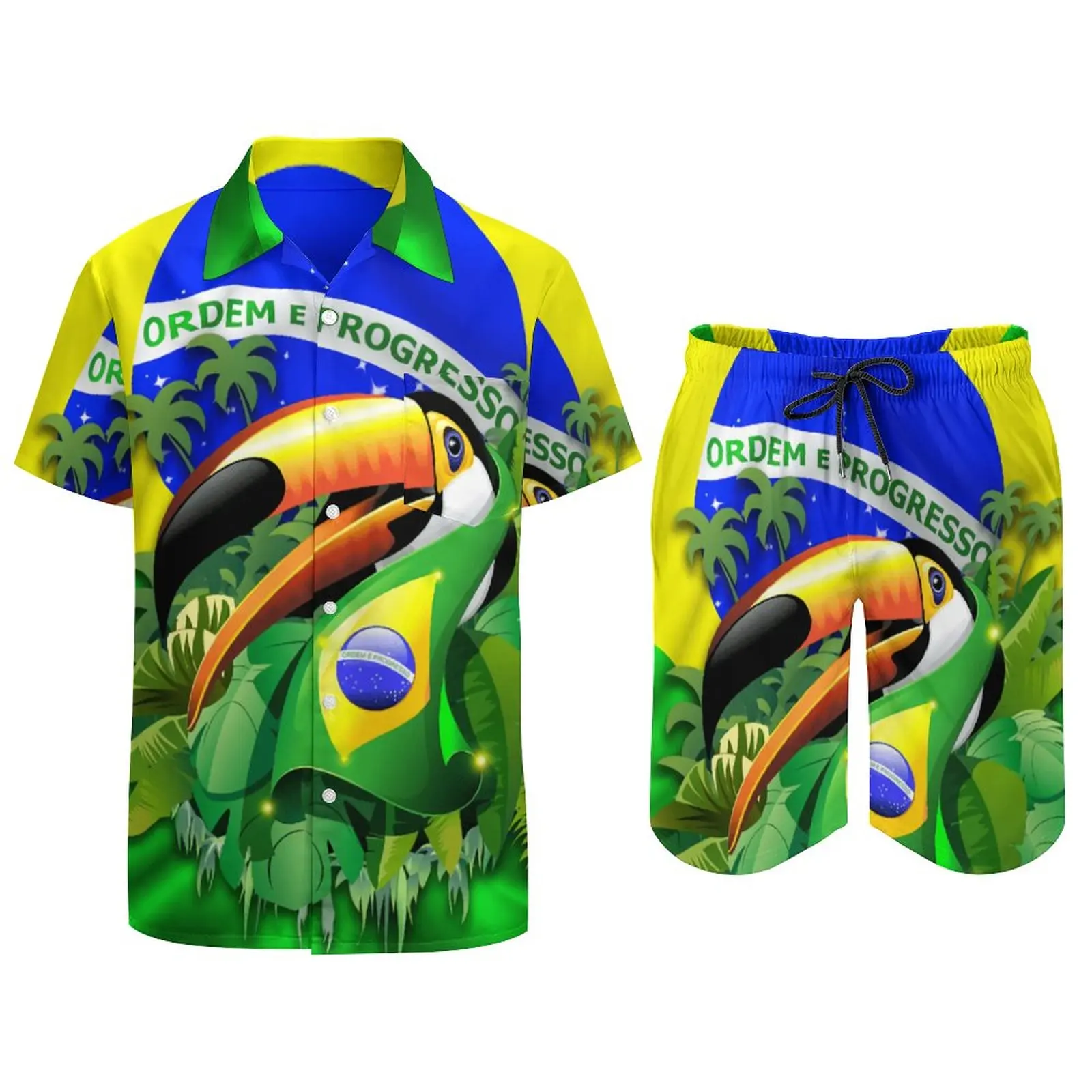 Toco Toucan on Brazil Flag Men's Beach Suit Funny 2 Pieces Pantdress  High Grade  Going Out USA Size