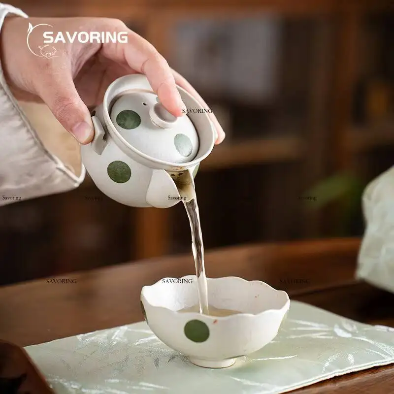 Hand-Painted Green Dot Tea Set Gaiwan Chinese Camping Cover Bowl Travel Luxury Porcelain Cup Tool Pot Ceremony Cups Accessories view 2