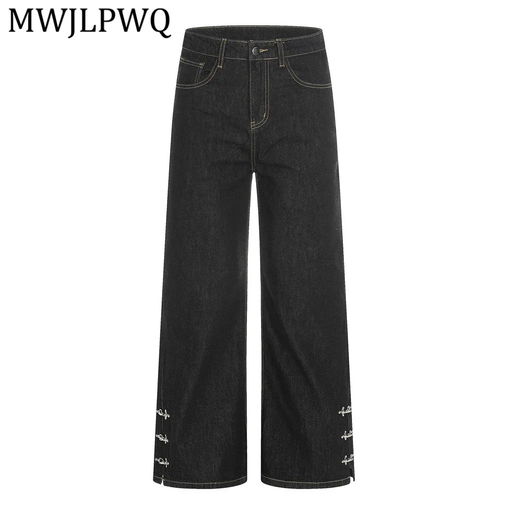 

Джинсы с металлическими пряжками и разрезами по низу MWJLPWQ для мужчин, модные прямые джинсы в стиле High Street, уникальный дизайн, весна-осень 14641