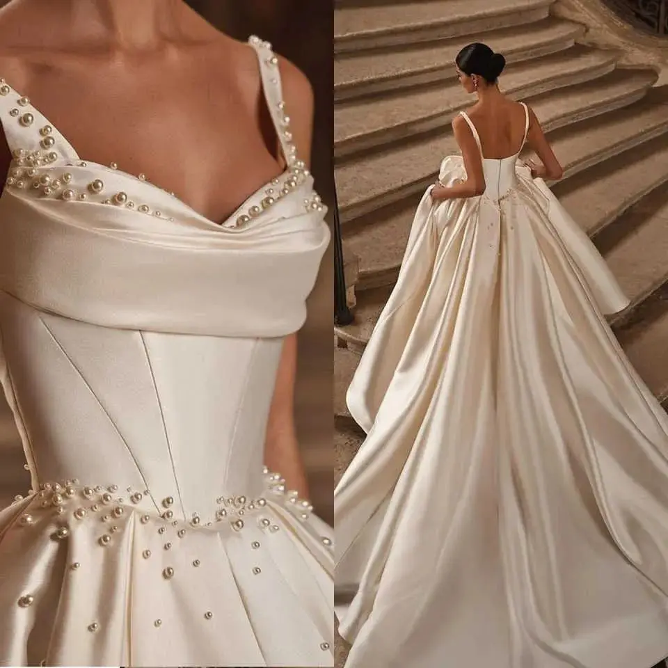Pearls ball gown Bride plus ivory princess wedding dresses