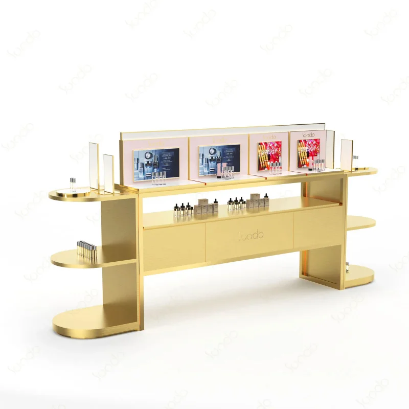 custom.Unique Shape Cosmetic Display Rack Cabinet Wooden Skincare Display Shelves Perfume Window Show Table