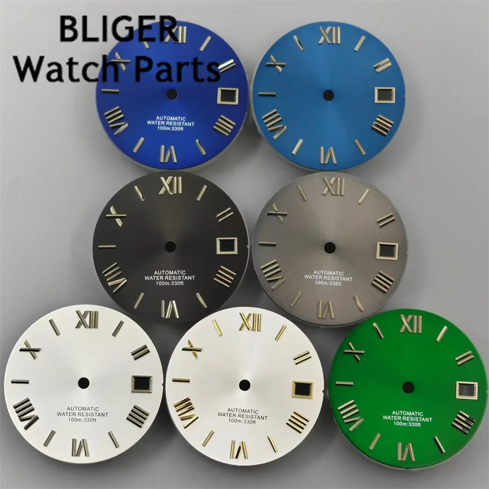 

BLIGER 29mm Sterile Dial Black Gray Green Blue White Dial Silver Black Edge Time Marks Suitable for NH35 NH36 movement