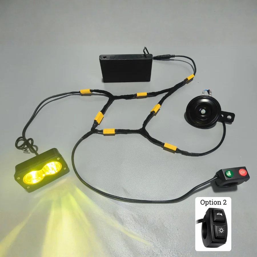 Trontech op batterijen werkende Baja Light LED-koplamp en claxon-combinatiekit PlugnPlay Geen bedrading nodig Allemaal voorbedraad