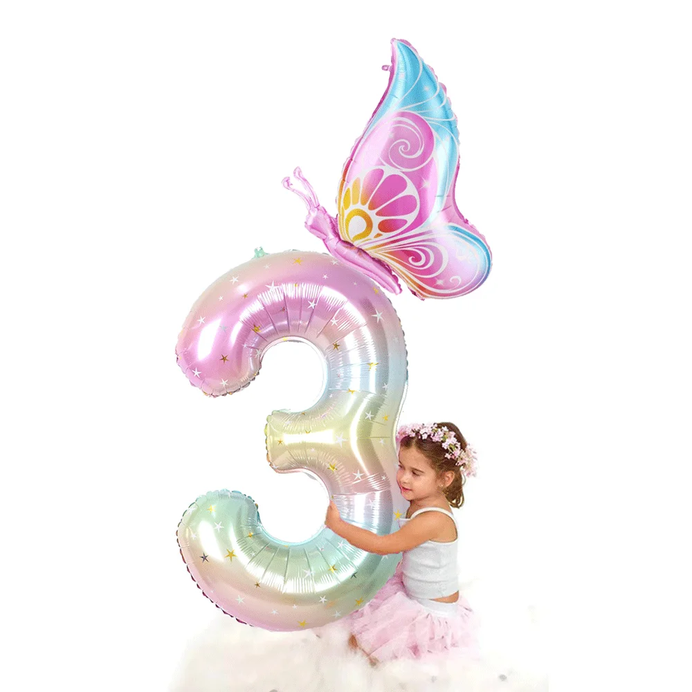 40Inch Colorful Gradient Number Balloon 0-9 Digit Foil Helium Balloon Butterfly Girl Birthday Party Decor Baby Shower Kids Gifts