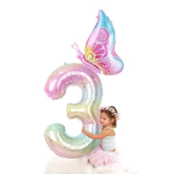 Colorido Gradiente Número Balão, 0-9 Digit Foil, Hélio Balão, Menina Borboleta, Birthday Party Decor, Baby Shower, Kids Gifts, 40