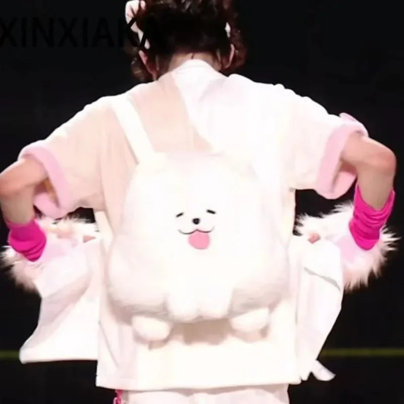 

Милый самоедский собака, большой вместительный плюшевый рюкзак самоед, милый белый пушистый мешок для игрушек для собак, мягкий рюкзак с мультяшными животными для школы