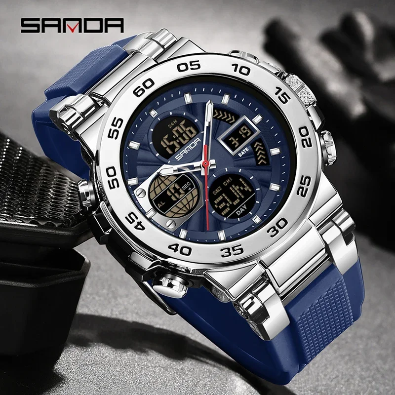 SANDA موضة جديدة متعددة الوظائف ساعة مضيئة شاشة مزدوجة الرياضة في الهواء الطلق 50 متر مقاوم للماء ساعة كوارتز إلكترونية للرجال montre
