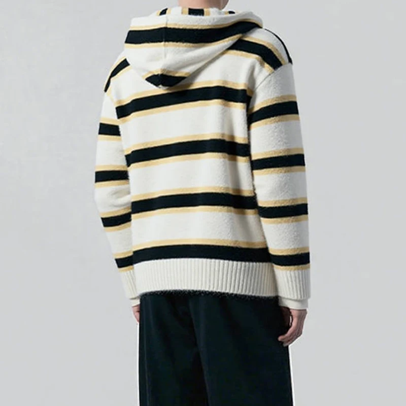 خمر التباين اللون مخطط سترة متماسكة رجل الخريف جديد عادية سحاب أكمام طويلة جاكت مزود بغطاء للرأس الرجال محبوك Sweatercoats