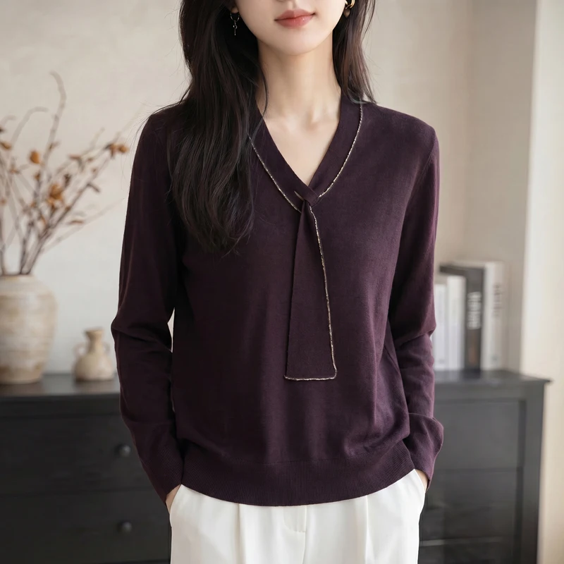 Women's Knitted Fine Spinning Color Diamond V-neck Knitted Shirt Women's Long Sleeves Autumn/Winter Matching Sweater Base Shirt