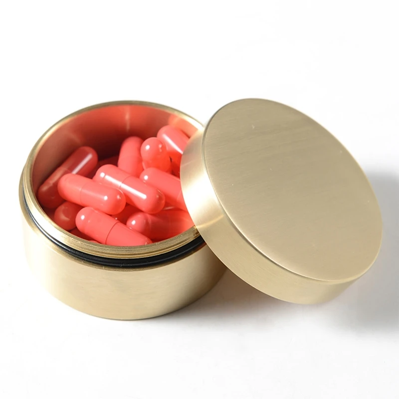 Brass Mini for Pill Container, Outdoor Waterproof Round Shape Brass Box Metal Jewelry Sealed Container Dustproof Storage