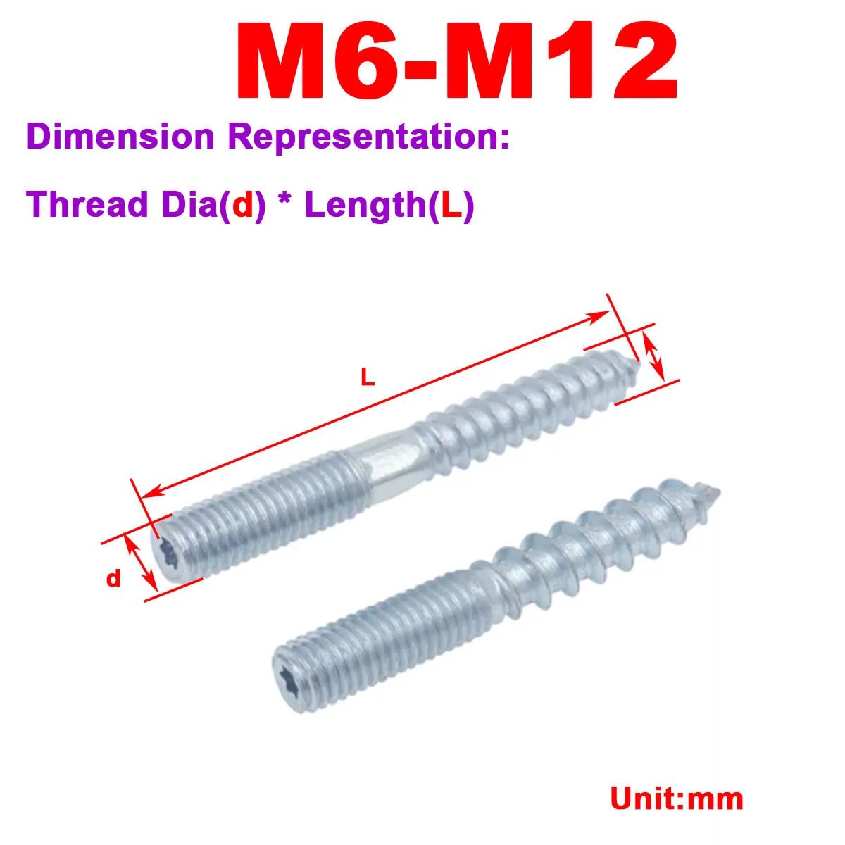 Carbon Steel Plum Blossom Headless Screw, Double Head Pointed Tail Self-Tapping Fastener M6-M12