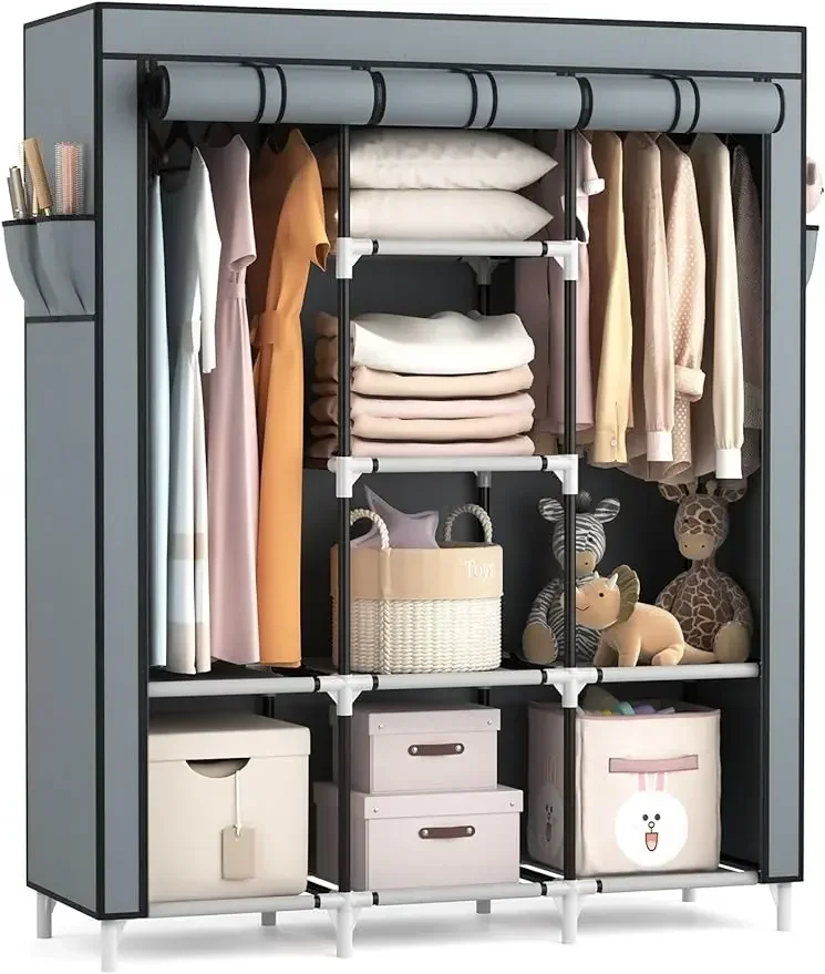 

Portable Closet Wardrobe for Hanging Clothes with 2 Hanging Rods and 8 Storage Organizer Shelves,Sturdy Large Wardrobe