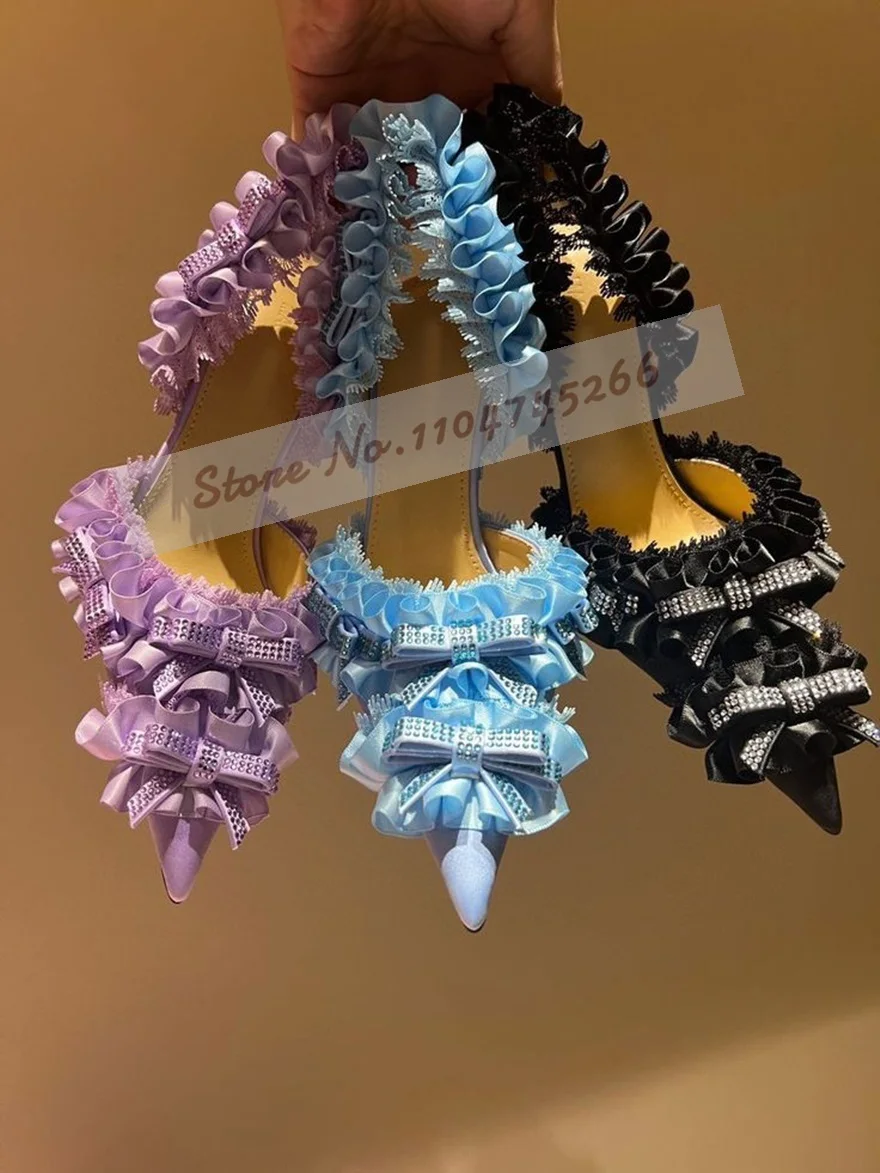 Rosa doce plissado sapatos de casamento de salto alto renda fofa floral cristal borboleta-nó vestido bombas estilingue saltos pontiagudos