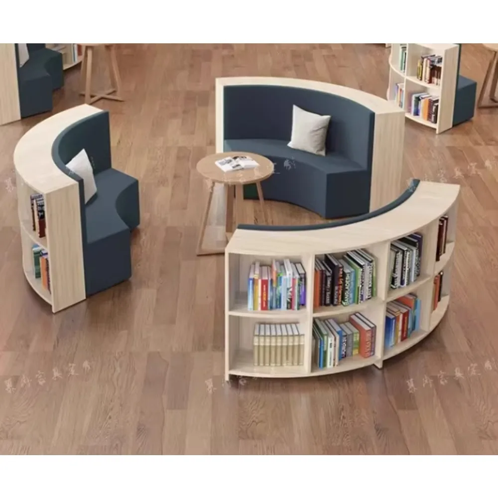 تخصيص مكتبة الخشب الحديثة خزانة الكتب مدرسة القراءة ركن أريكة متكاملة مزيج منحني منطقة الراحة #4