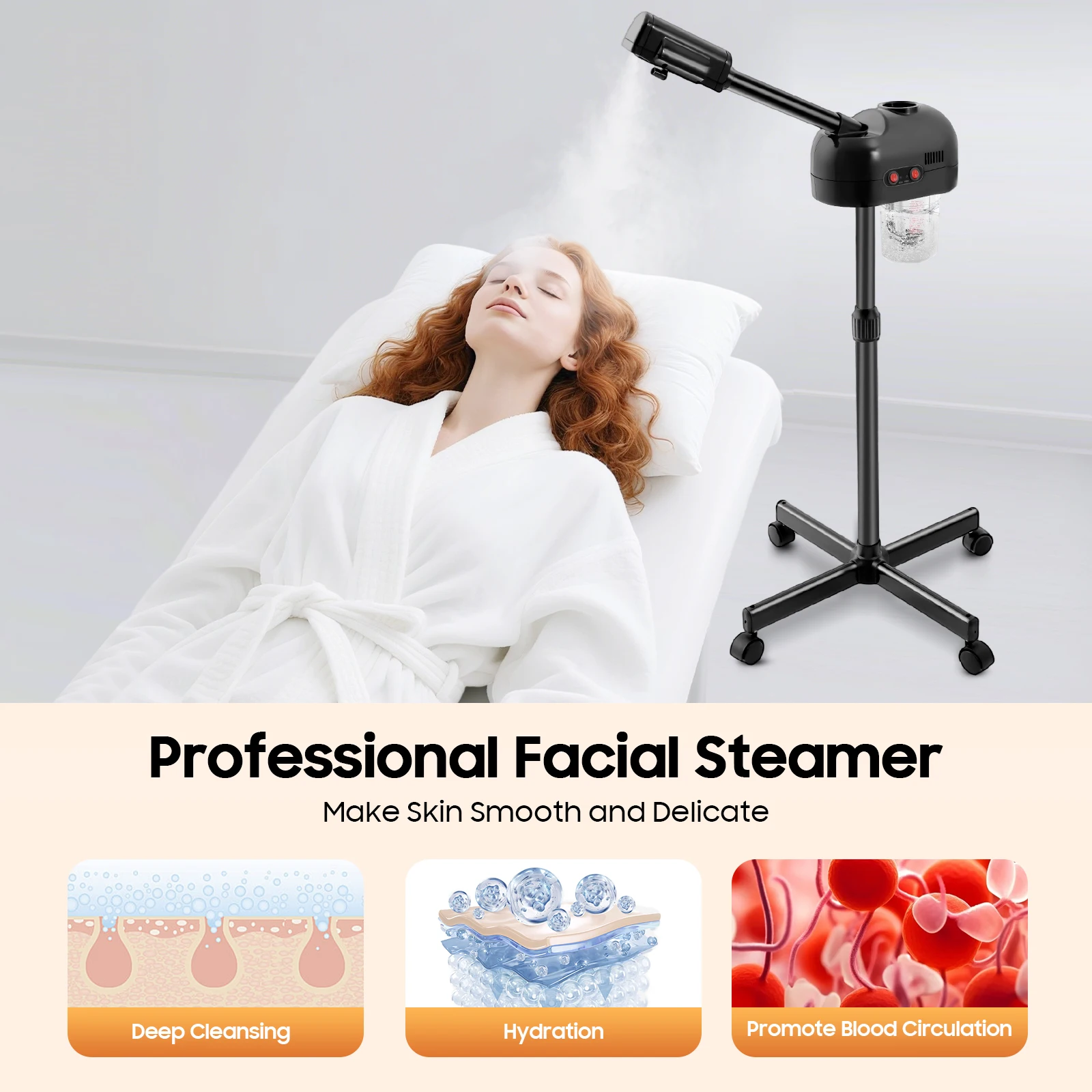 Appareil facial 800W 220V 360 °   Appareil de soin du visage à vapeur avec tête rotative, hauteur réglable, en noir, pour hôpitaux, salons de beauté