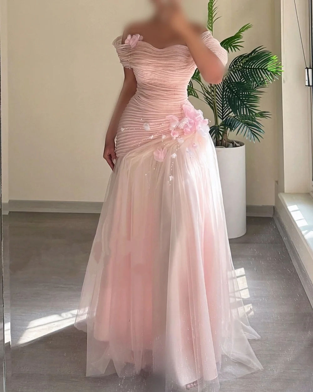 

Customized Fashion Classic Tulle Handmade Flower A-line Off-the-shoulder Long Dresses Bespoke Occasion Dresses Intricate Formal