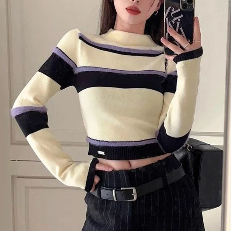 Fashion Color Block Striped Sweater Women Casual Slim Fit Cropped Knitted Pullover Autumn Winter Hottie Mock Neck Jumper Tops
