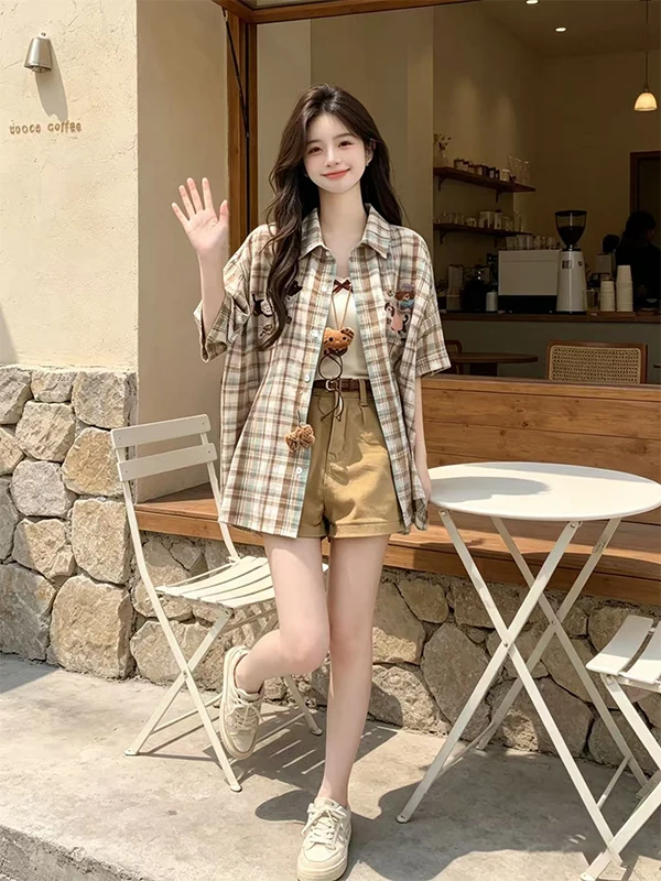 Korean Fashion Versatile Plaid Shirt Women Summer New Loose Age-Defying Top Strap Match Short Pants Three-Piece Set